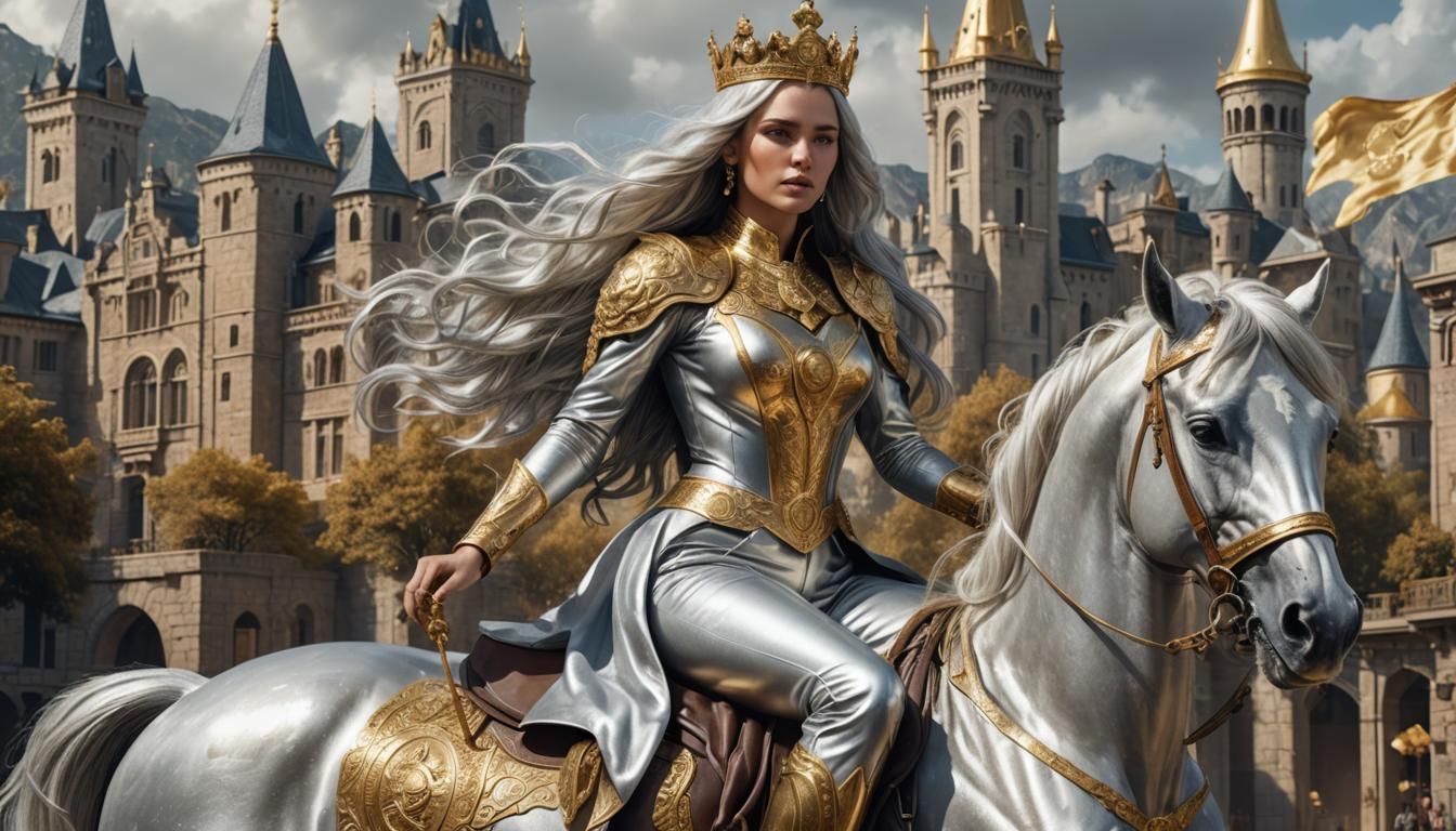 Silver Haired Woman on Horse in Gold Landscape