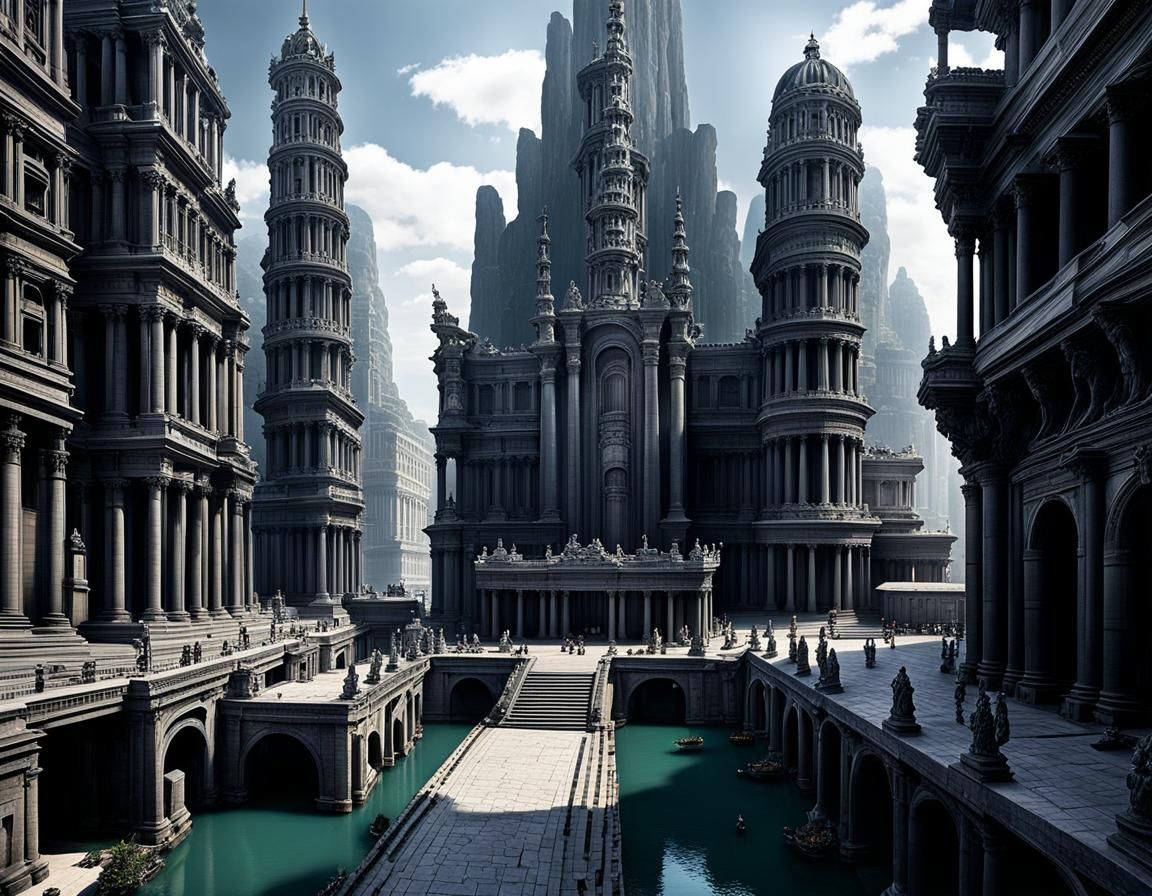 Deserted City of Ancient Towering Black Stone Buildings