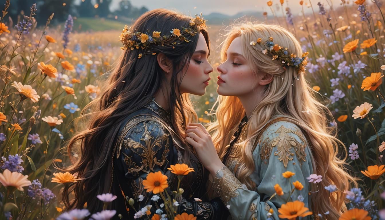 Two realistic girls kissing each other in a soft, romantic s...