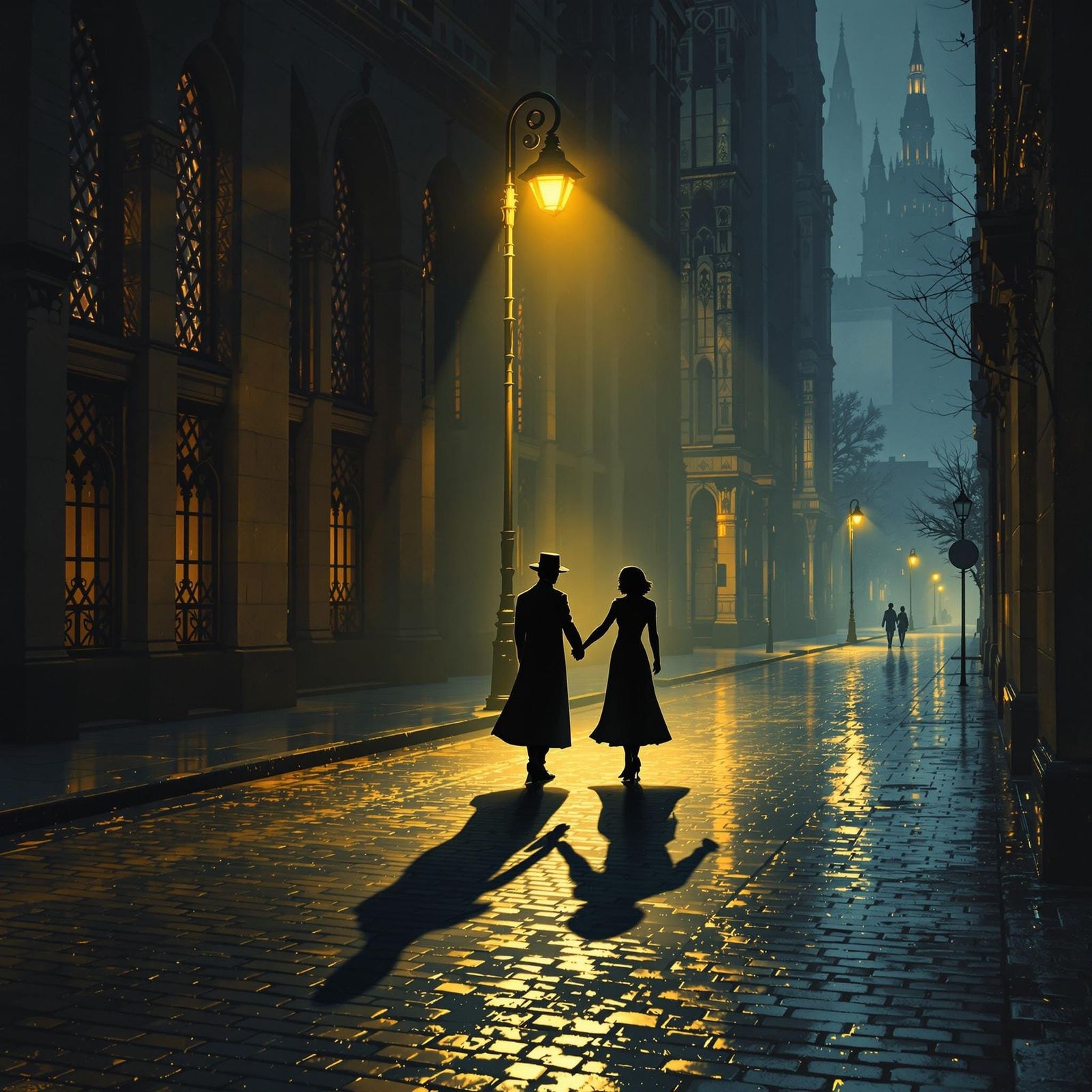 Figure and Dancing Shadow Under Streetlight
