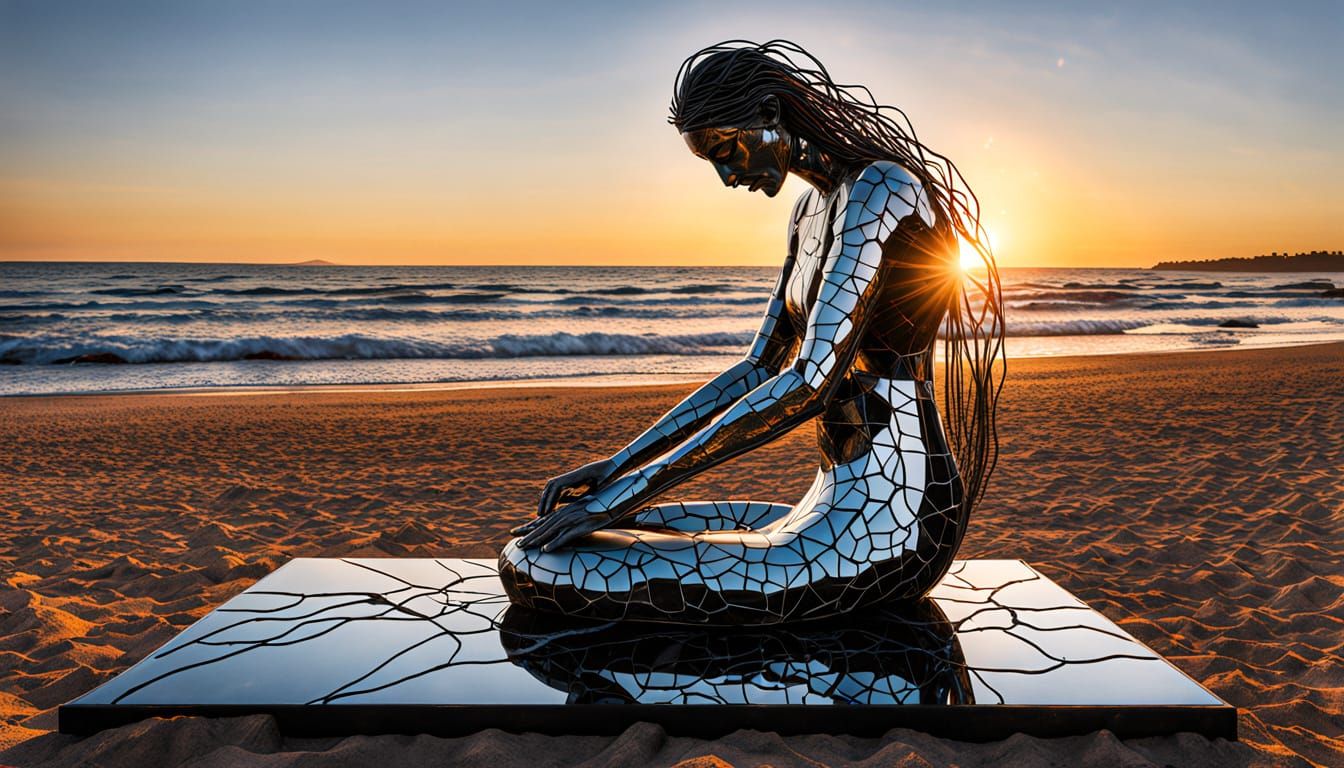 Surreal Sculpture with Kneeling Woman and Glowing Creatures