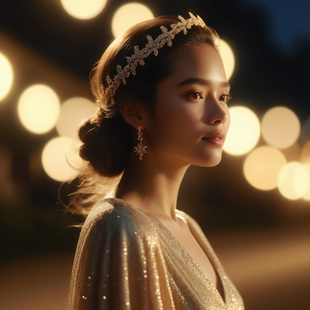 Ethereal Woman Walking in Starry Night