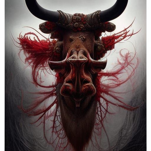 Ornate Ox Skull Portrait in Hyperrealistic Horror Art
