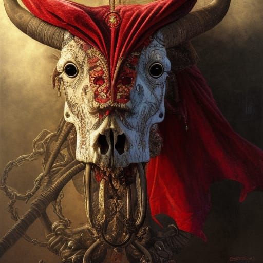 Ornate Ox Skull Portrait in Red Hood
