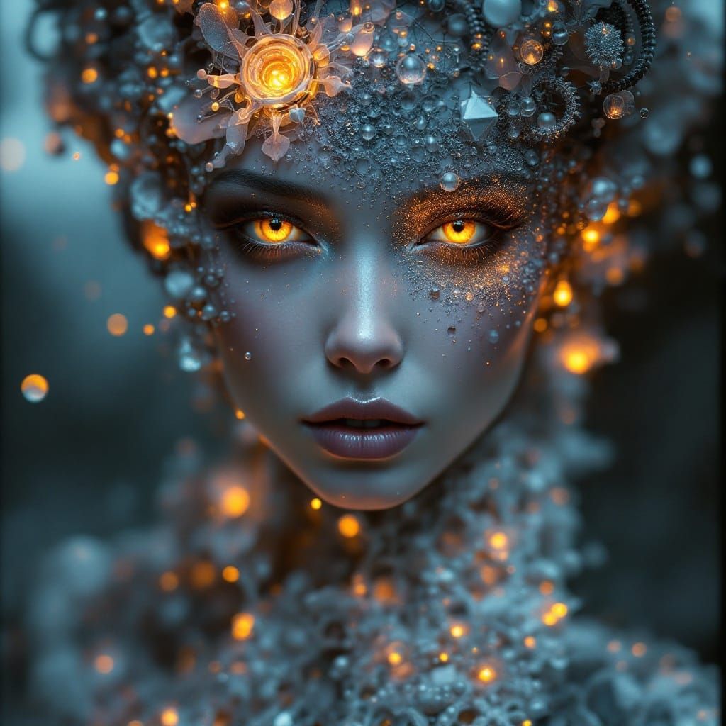 Surreal Woman in Luminescent Fractal Biosuit