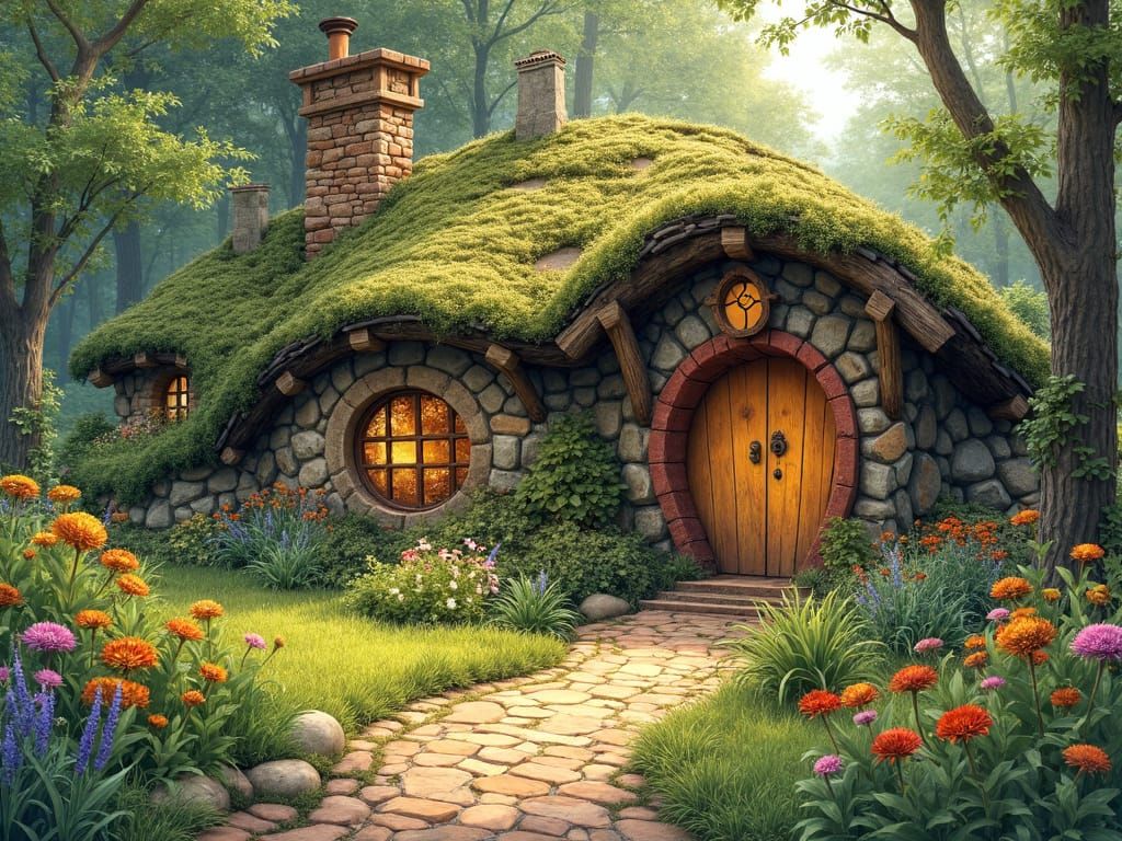Enchanting Hobbit Cottage in Lush Garden, Alcohol Ink Style
