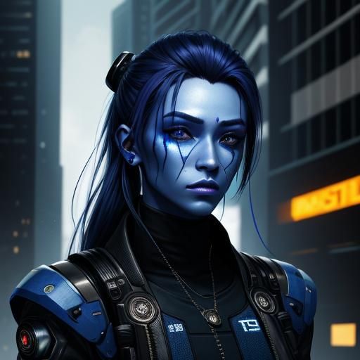 Handsome Cyberpunk Woman with Midnight Blue Skin