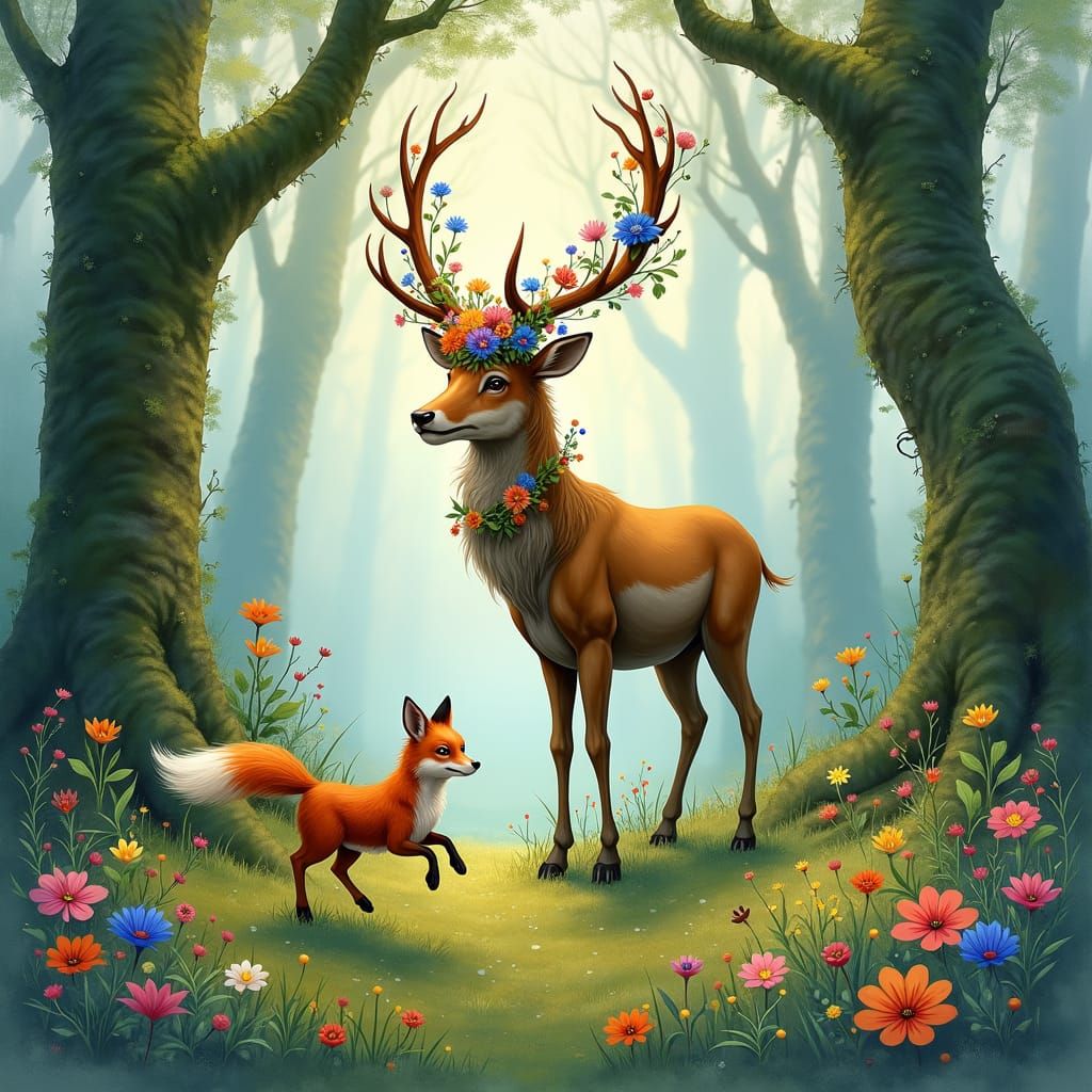 Watercolor Forest Scene with Deer and Fox