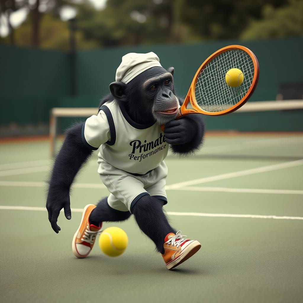 Chimpanzee in Retro Tennis Outfit, Surrealist Style