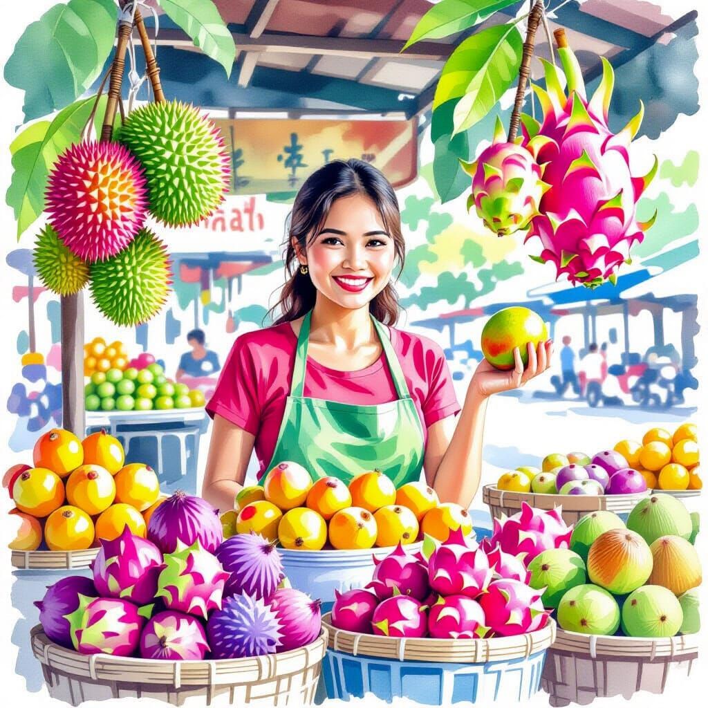 Vibrant Malaysian Fruit Market Watercolor