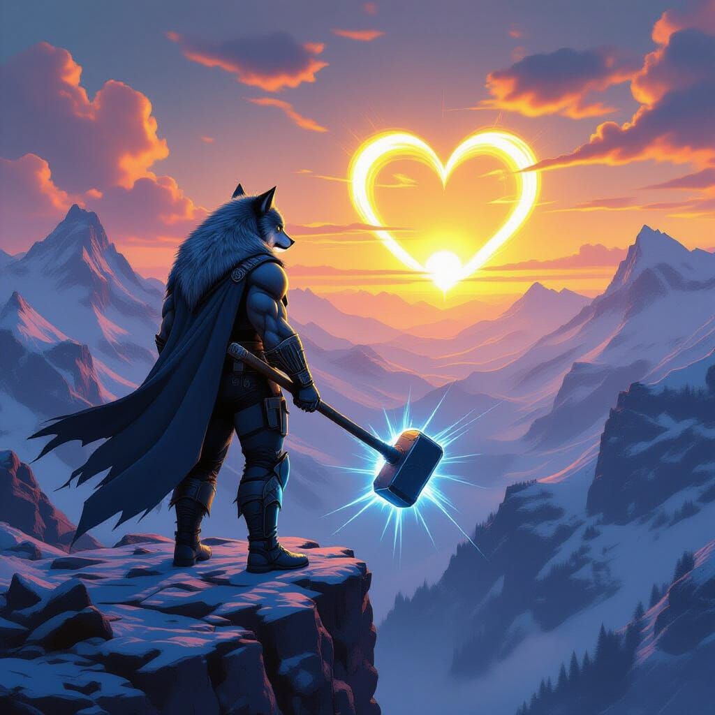 Cyberpunk Werewolf Superhero Gazing at Sunrise