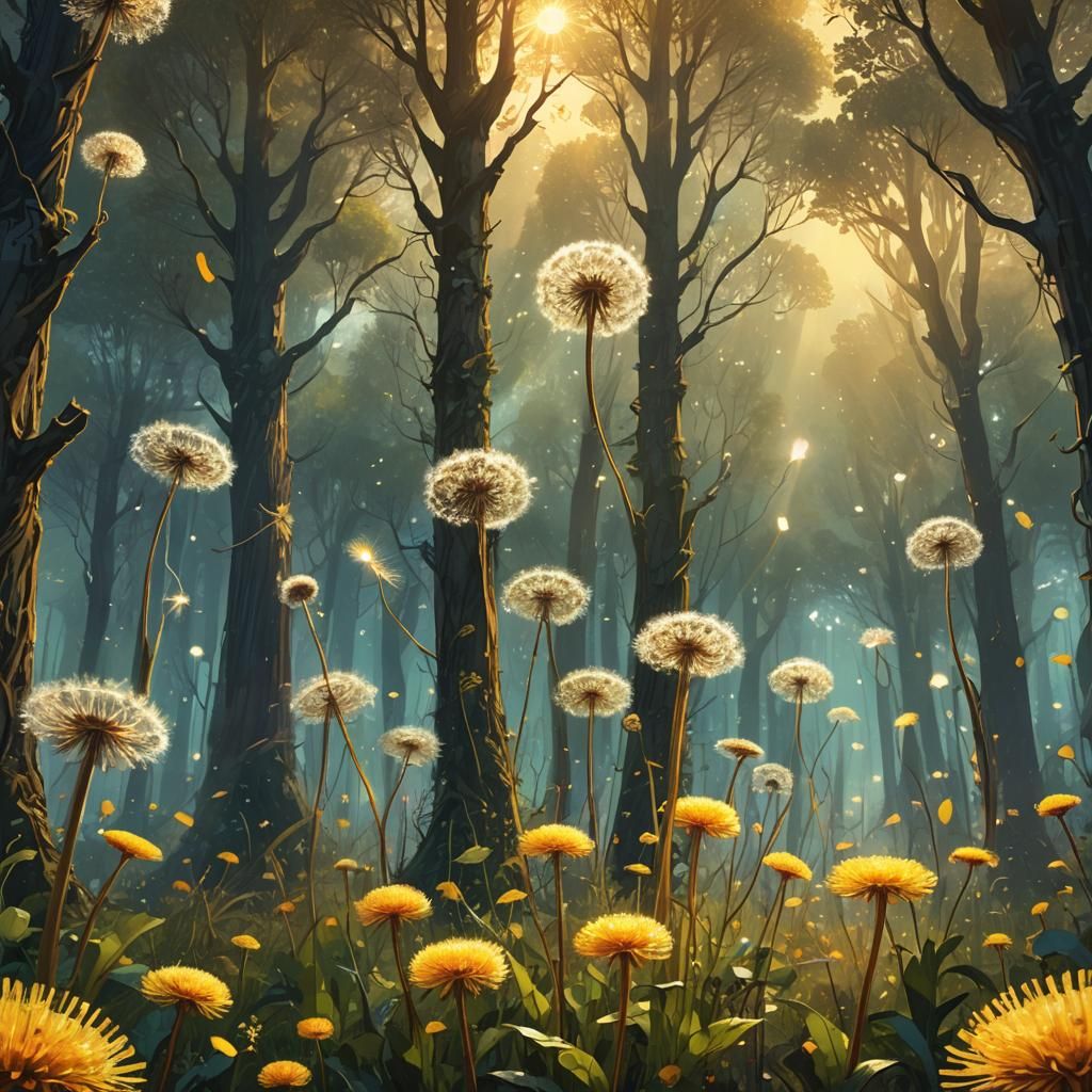 Giant Dandelion Forest in a Vibrant Digital Art Style