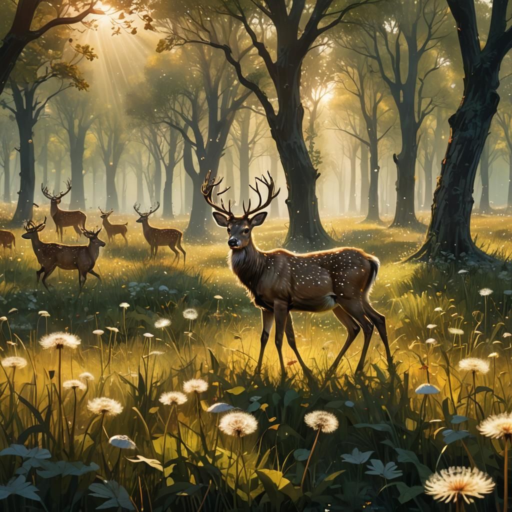 Dandelion Forest: Serene Deer in a Fantasy Landscape