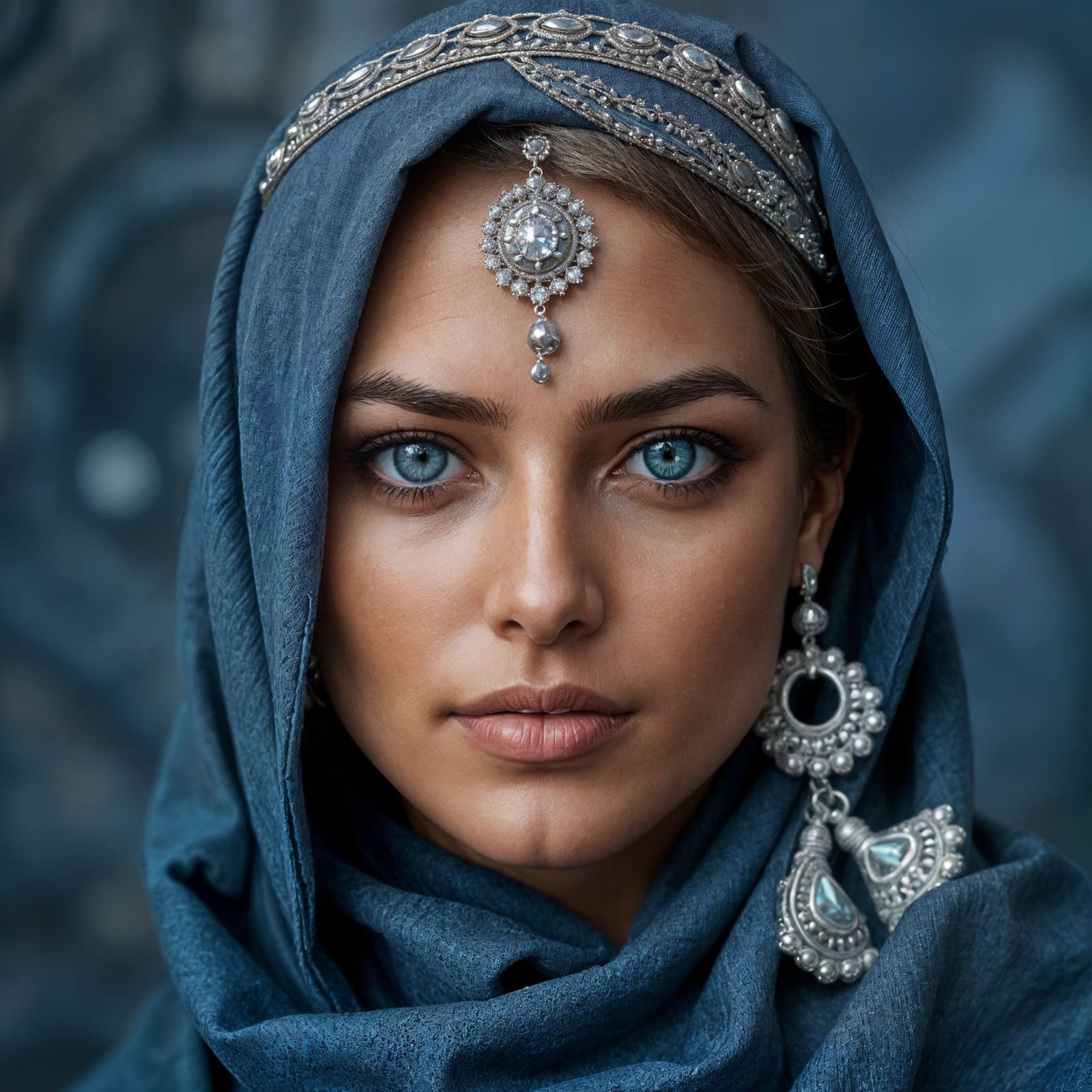 Woman with Blue Eyes in Silver and Blue Hijab
