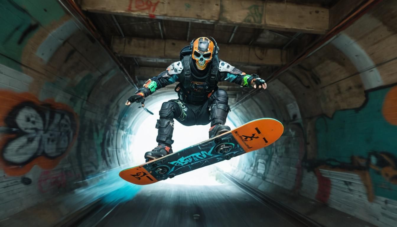 Cyberpunk Skyboarder Flies Past Aqueduct in Futuristic Style