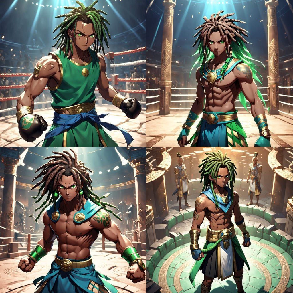 Confident Pugilist in Egyptian-Inspired 3D Anime Style