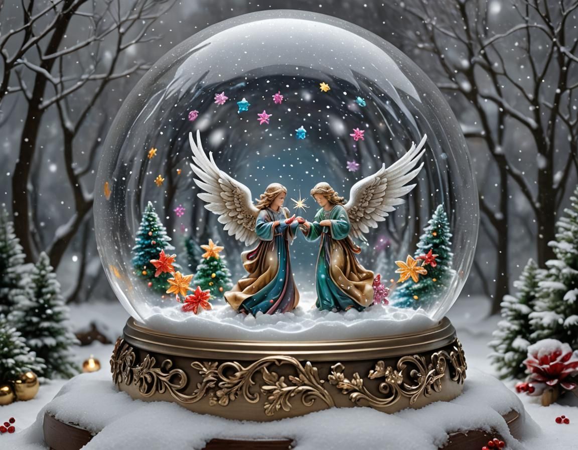 Angels Watching Snowfall in Radiant Snow Globe