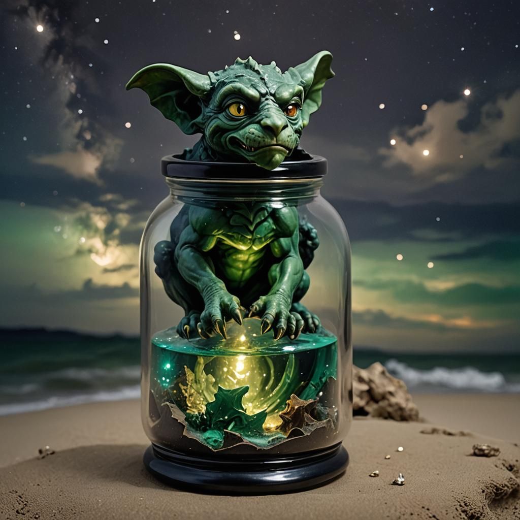 Gargoyle in Glass Jar on Beach, Grotesque Style