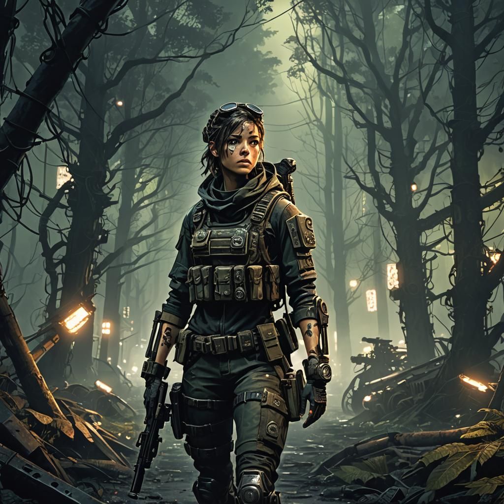 Biopunk Forest Soldier in Industrial Wasteland