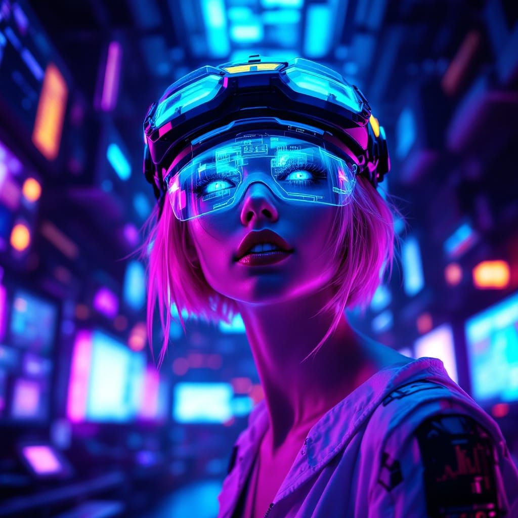 Cyberpunk Girl with Neon Extensions and Glowing Eyes