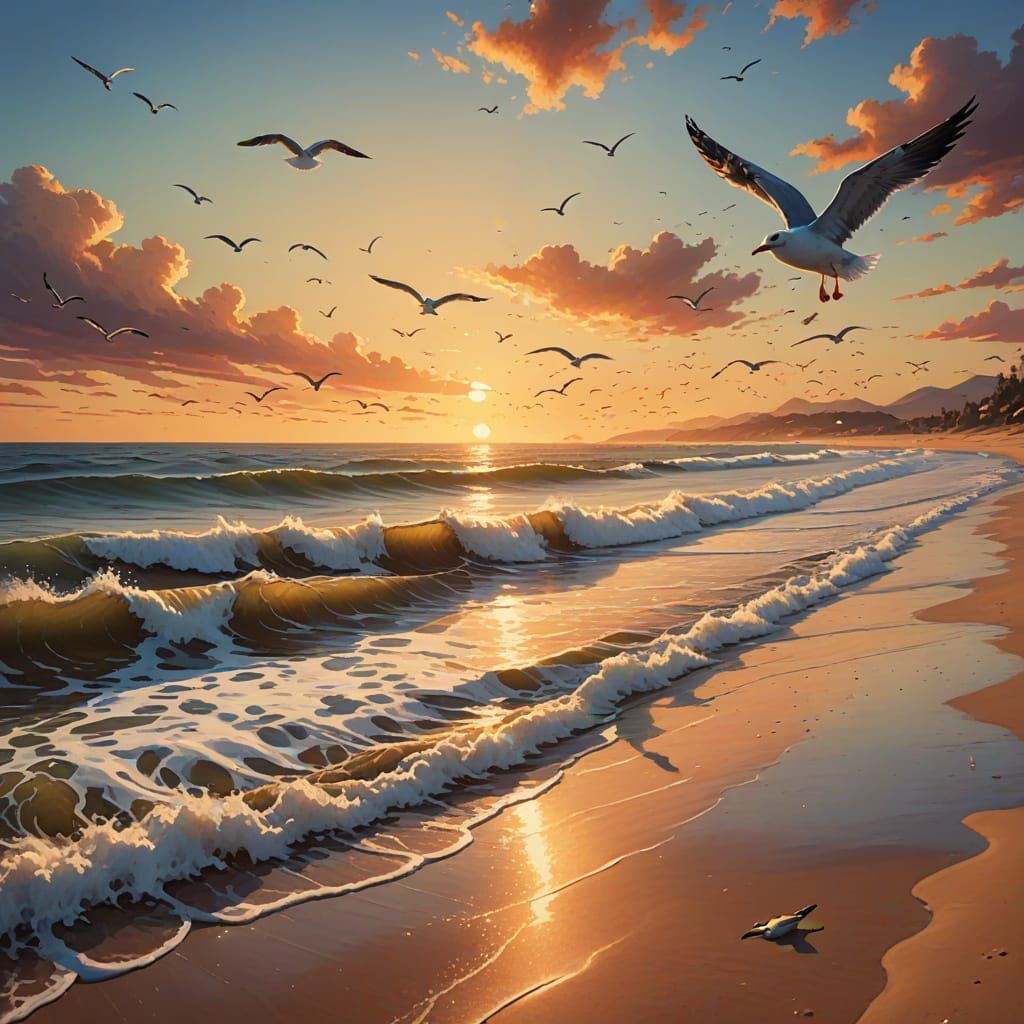 Serene Sunset Beach: Hyper-Realistic Digital Painting