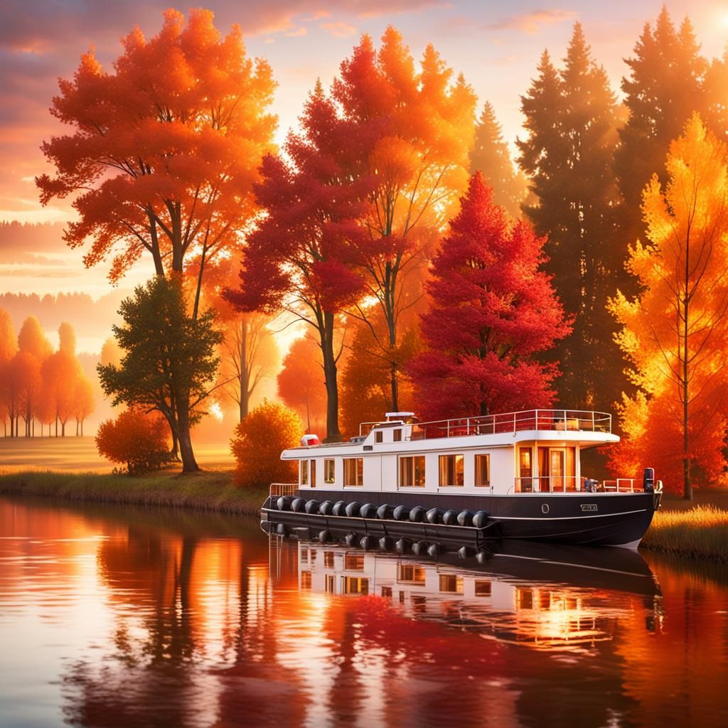 Houseboat Sails Serene Canal at Sunset