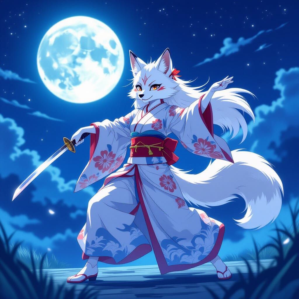 Fox Demi-Human Sword Dance in Anime Style