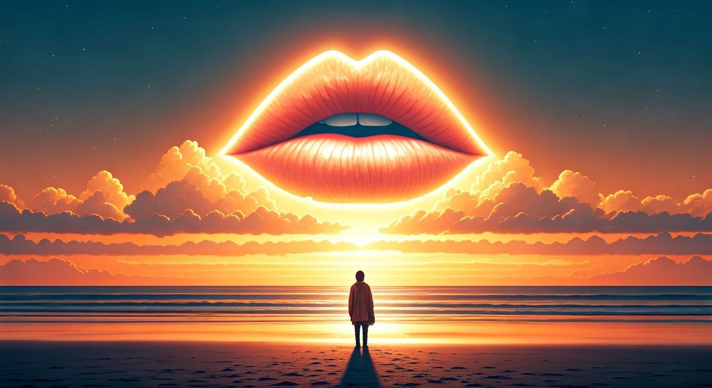 Dreamlike Beach Scene with Luminous Cloud Lips