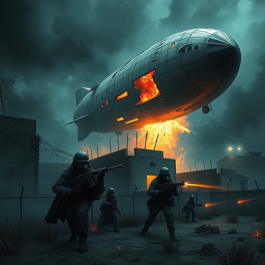 Blimp Crashes into Secret Base in a Gritty, High-Contrast Sc...