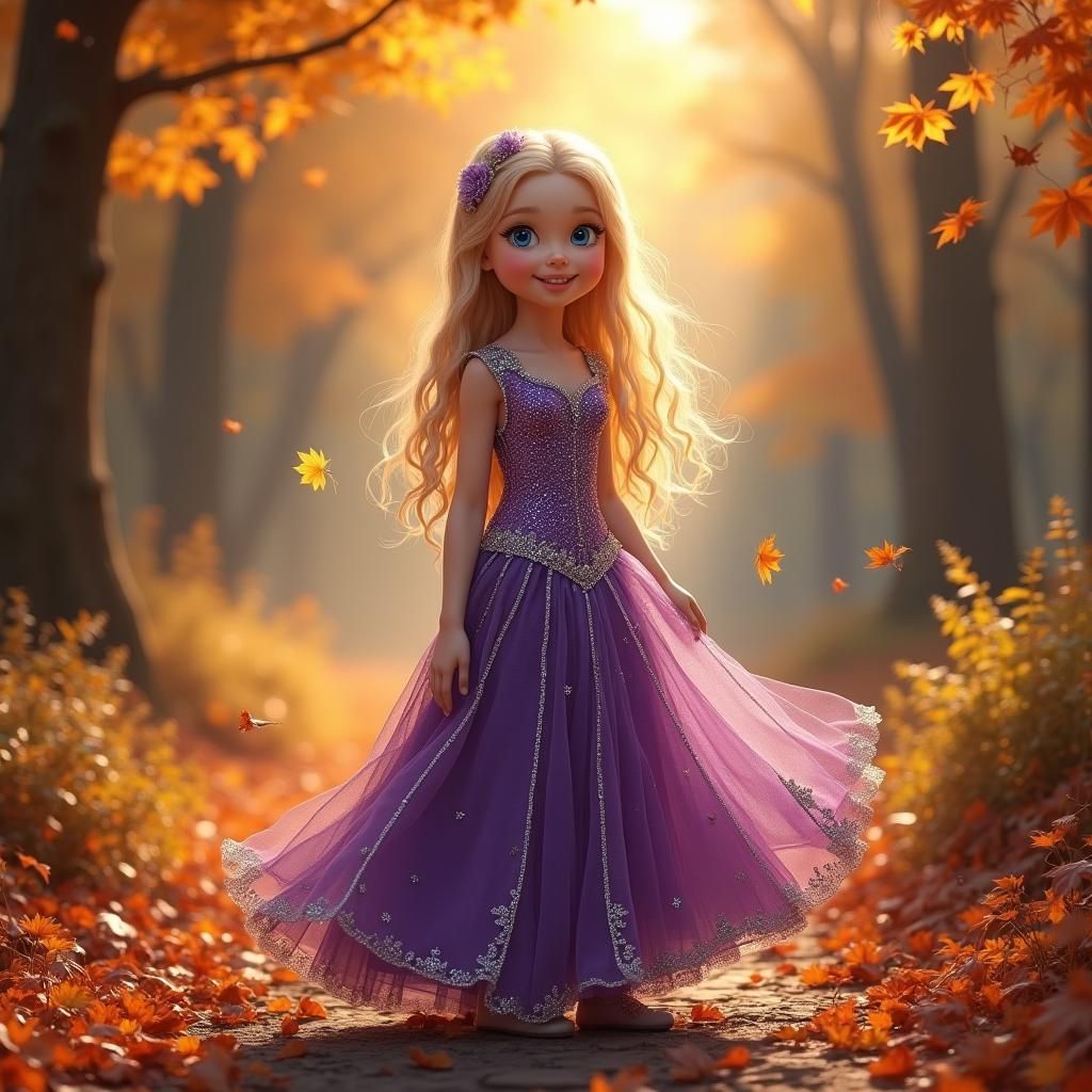 Girl in Glittery Dress on Autumn Forest Path