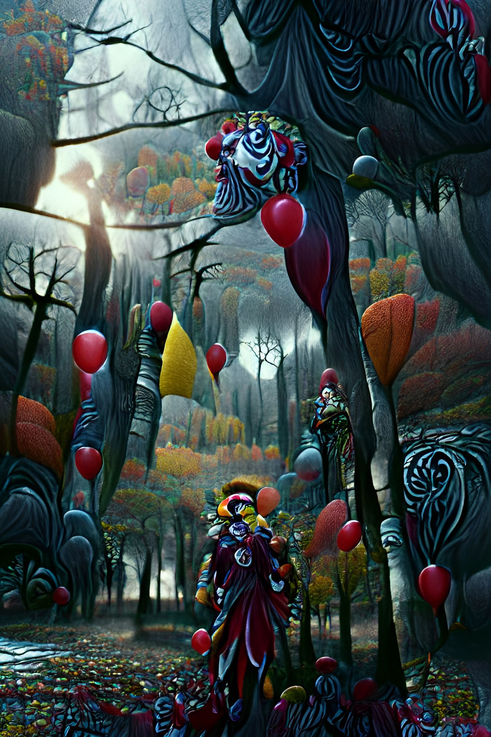 Ominous Clown with Red Balloon in Autumn Forest