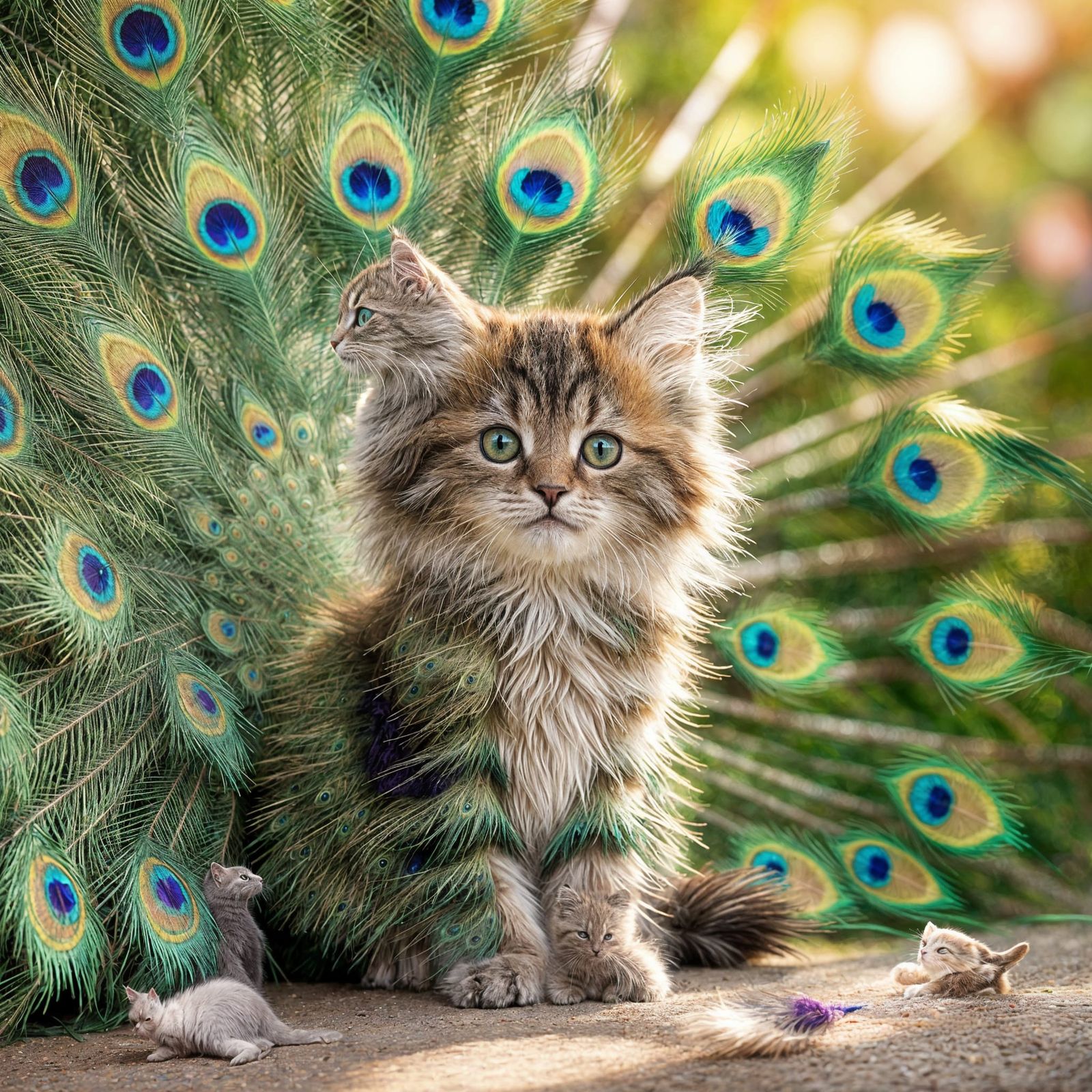 Fluffy Kitten With Peacock Feathers in Sunlight