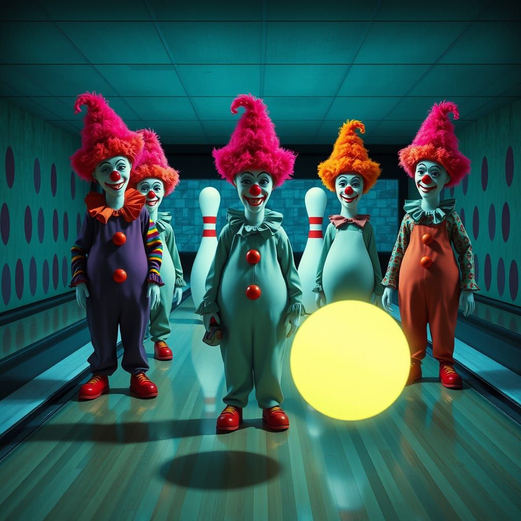 Clown Bowling in Surrealist Style