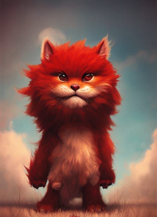Cute Fluffy Red Monster in Comic Book Style