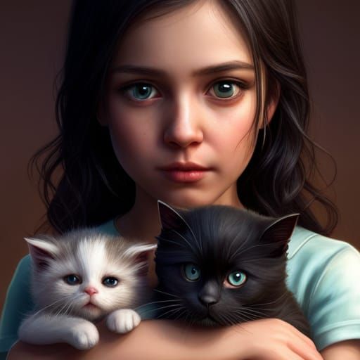 Wednesday Addams with Kitten: Hyperdetailed Digital Portrait