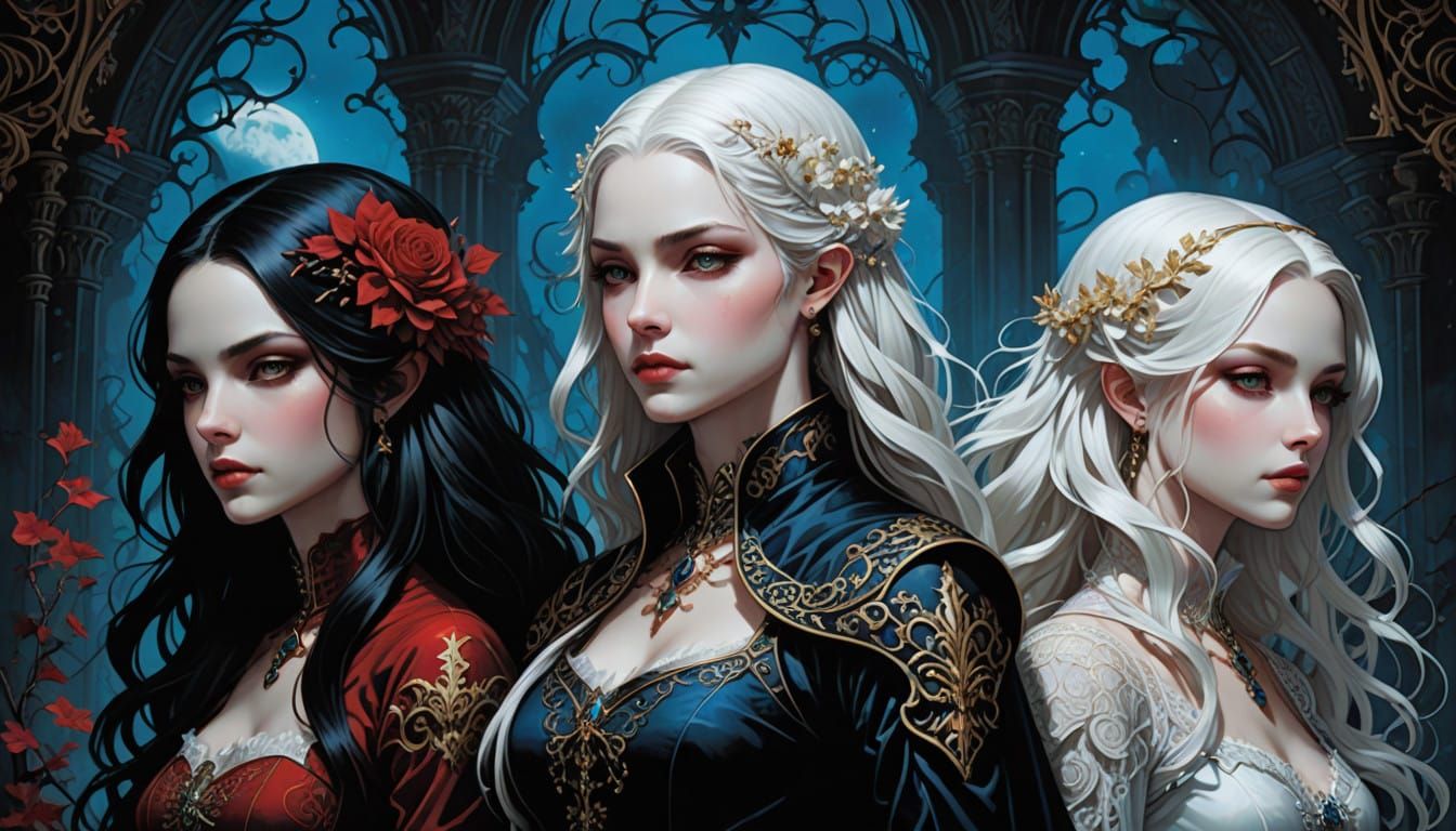 Gothic Romance Comic Illustration of Castlevania Women in Dr...