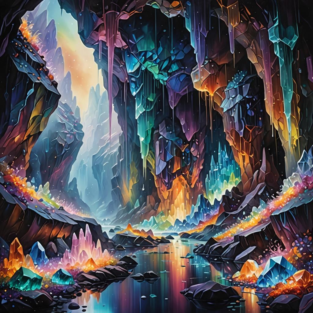 Glowing Crystals in a Mystical Cave: Oil Painting