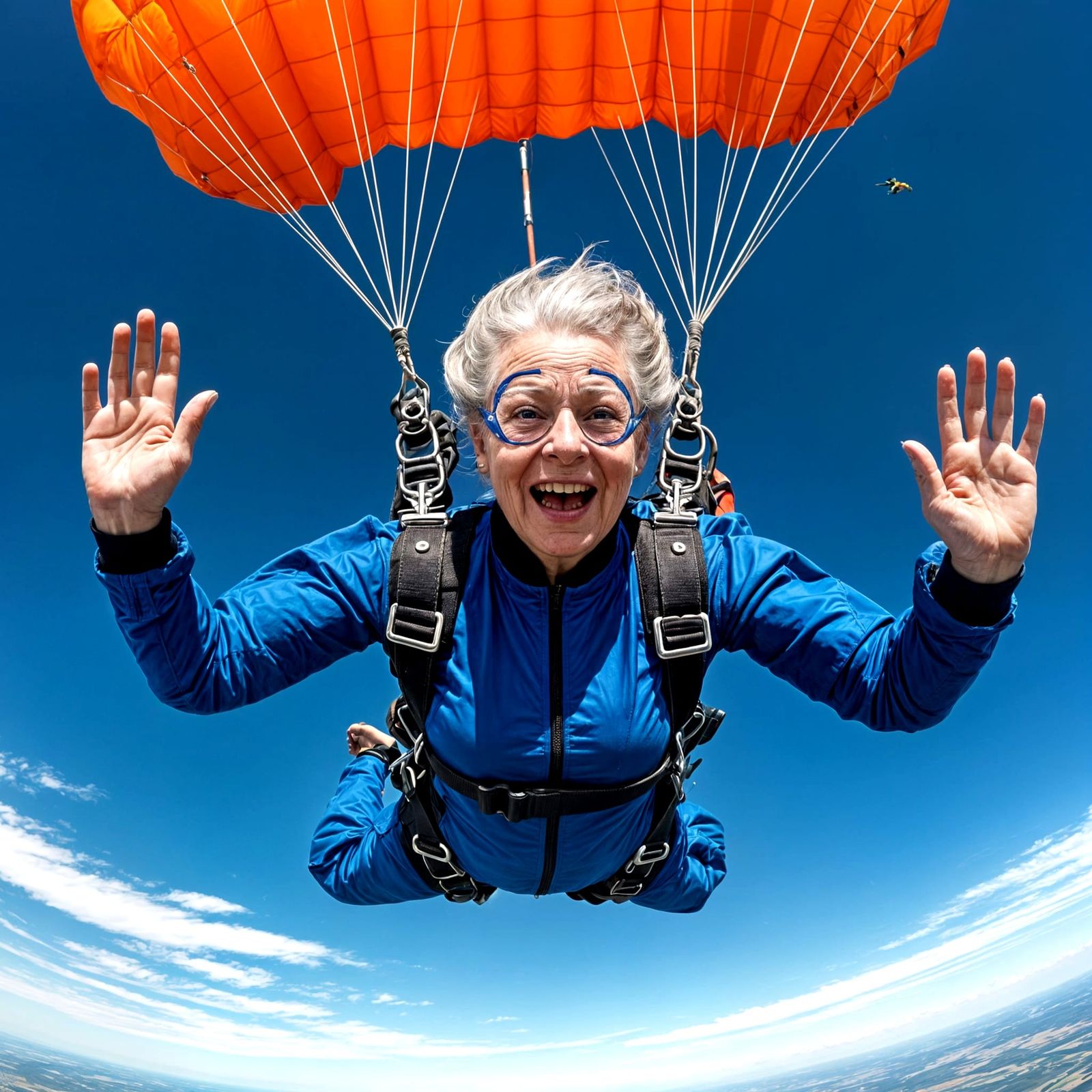 Elderly Woman Skydiving with Parachute Deployed