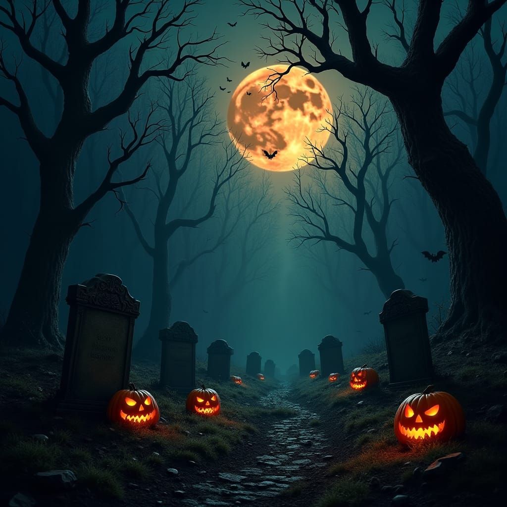 Eerie Forest Graveyard with Emerging Zombies at Night