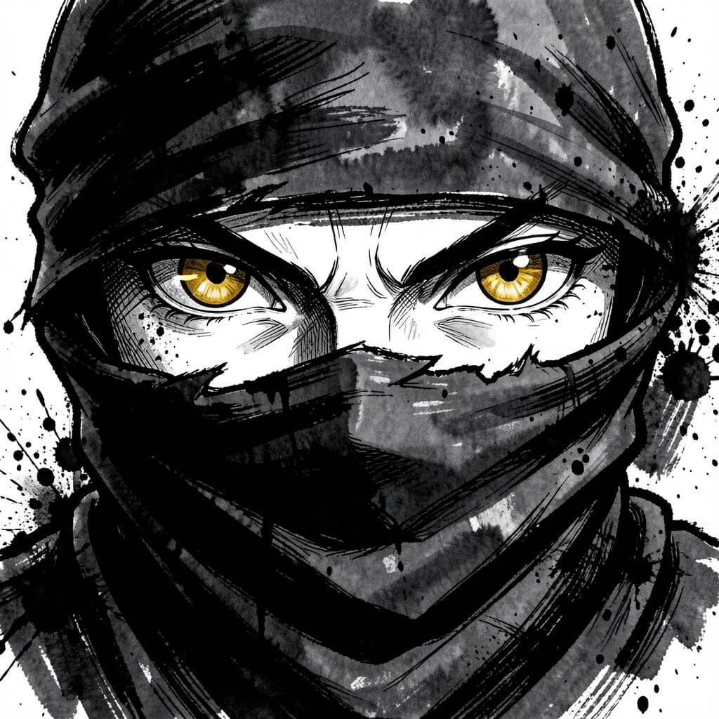 Ninja's Gold Eyes Through Scarf in Sumi-e Style