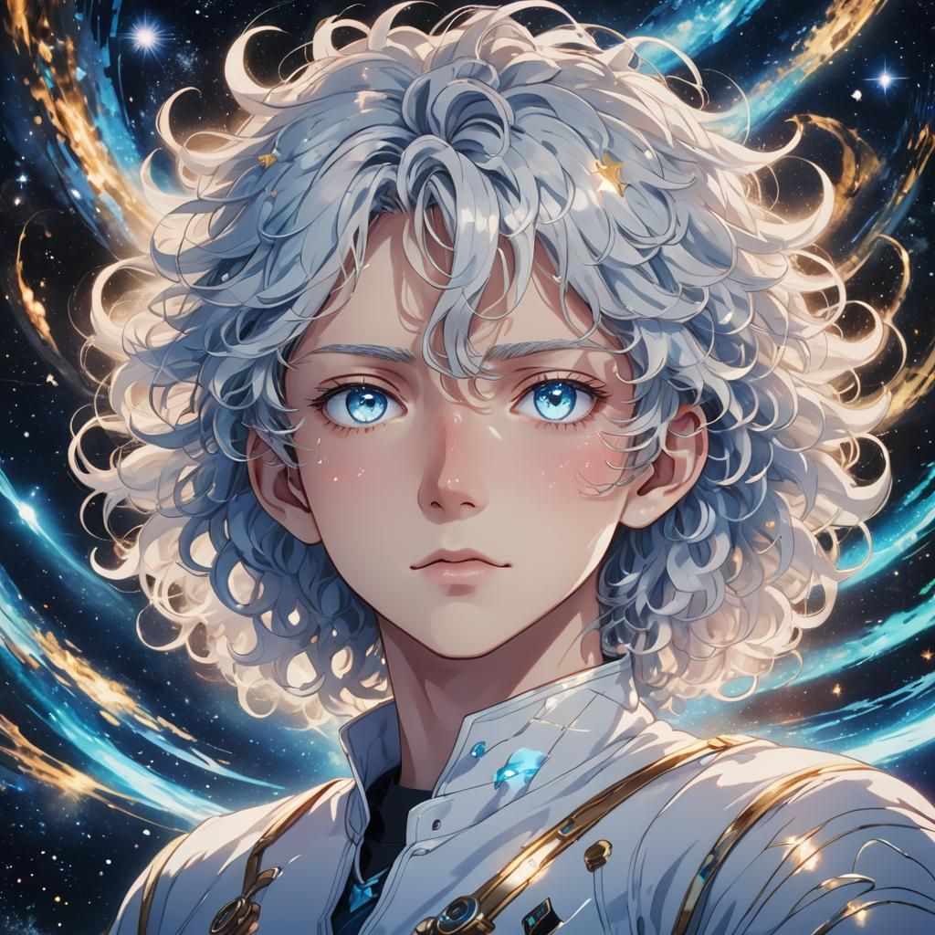 Anime Boy with Blue Eyes in Space