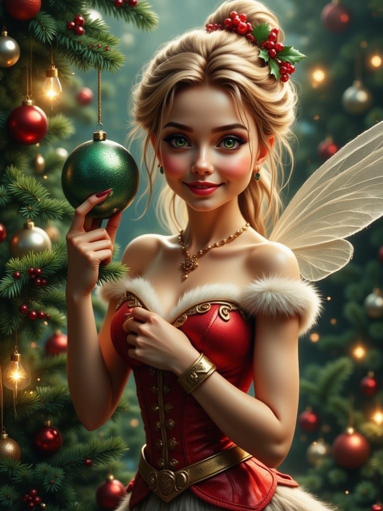 Tinkerbell Decorates Christmas Tree with Mirror Ball