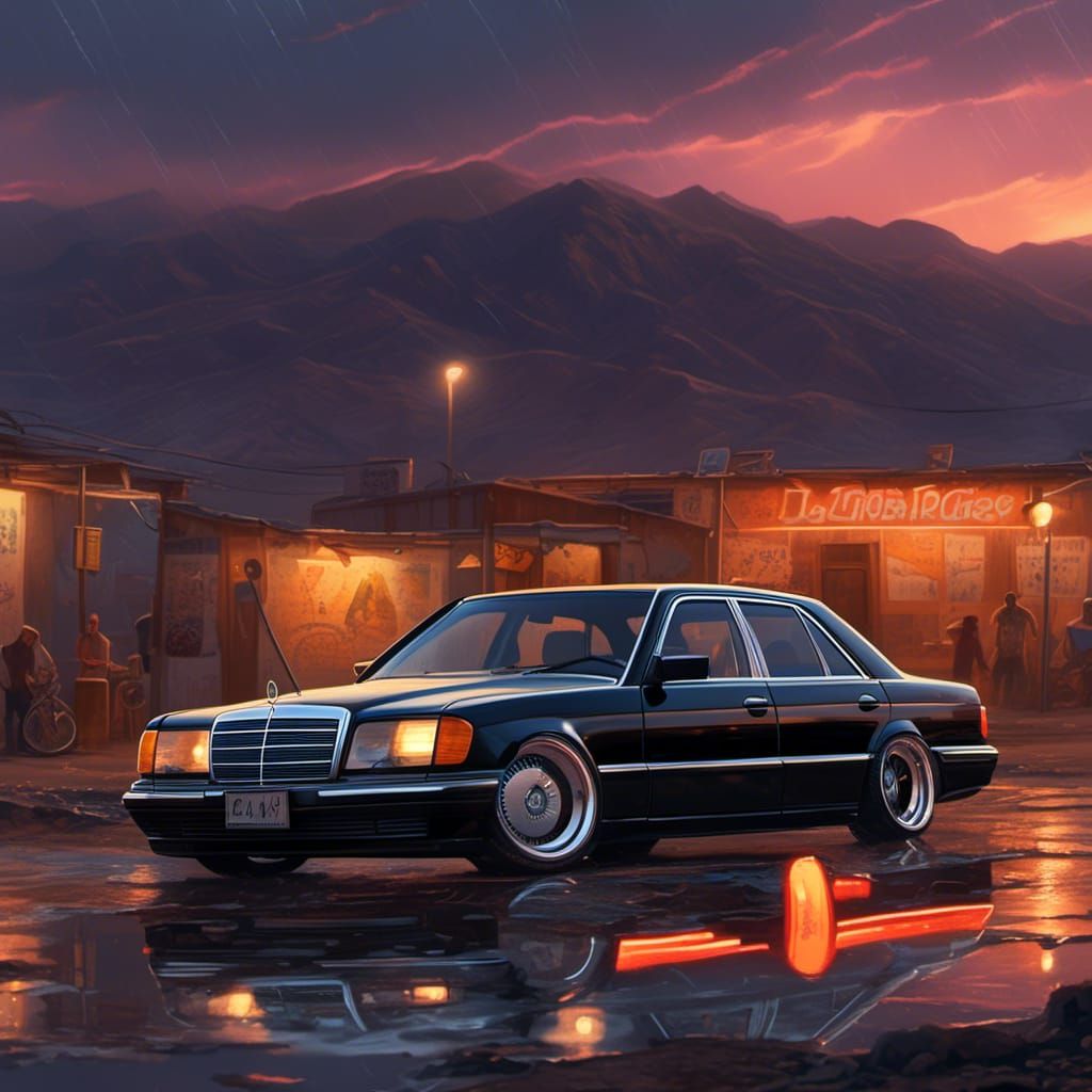 Mercedes W124 Lowrider at Desert Gas Station