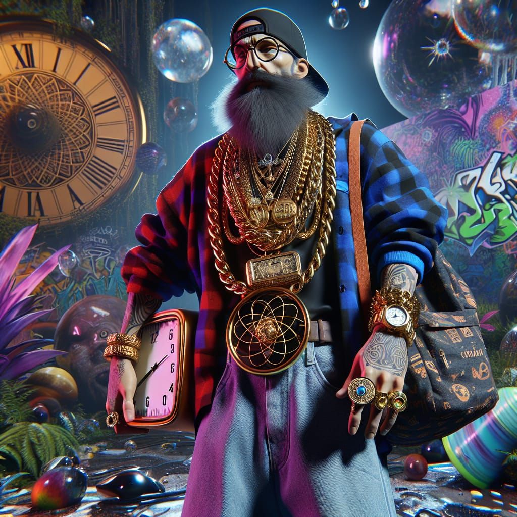 Hyperrealistic, bad , gangster Albert Einstein with a huge clock,shoots with the theory of relativity,with a chain aroun...