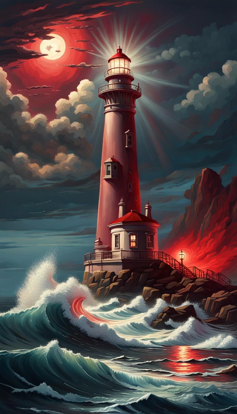 Lighthouse Shines Across Crimson Sea, Vivid Art