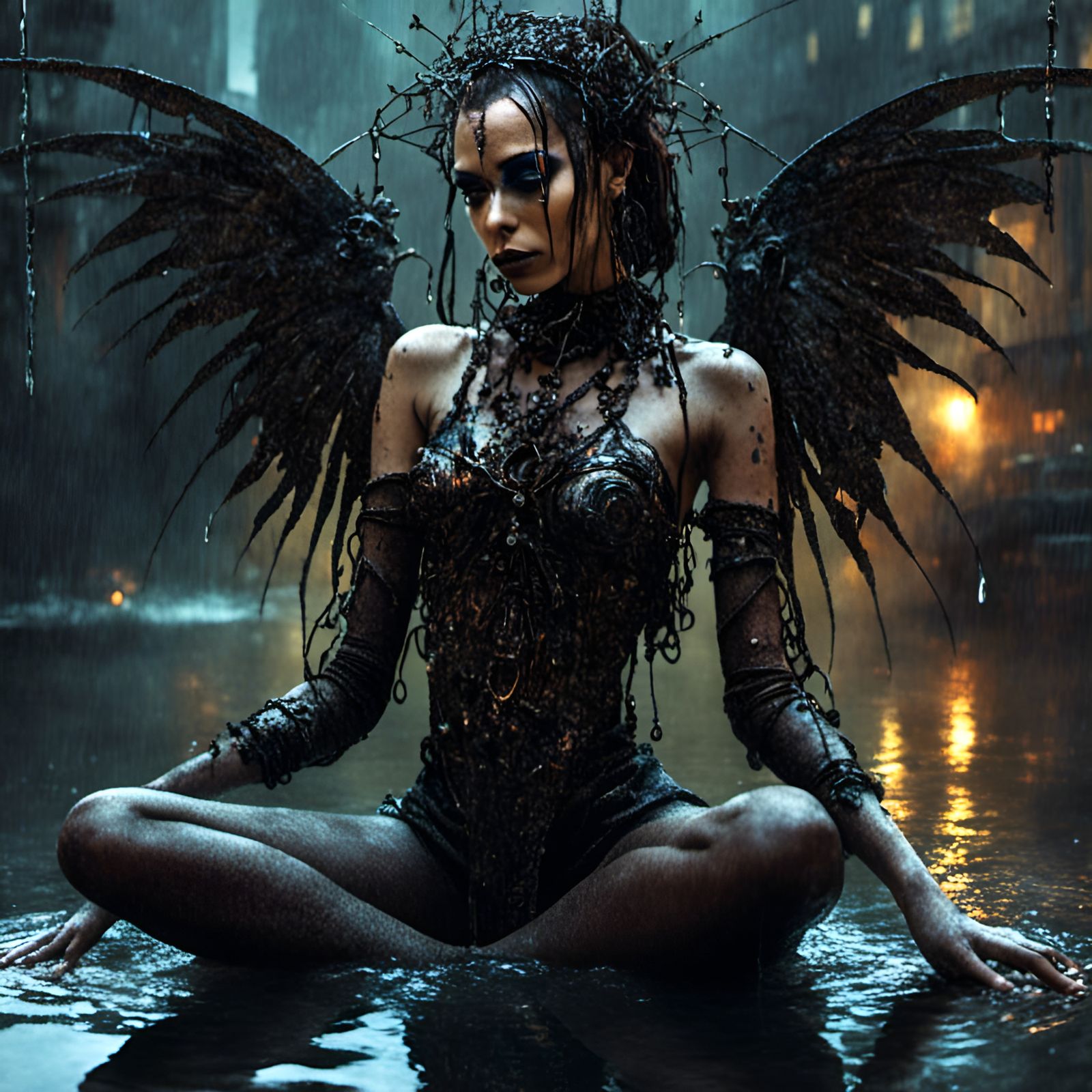 Cyborg Goth Girl with Mechanized Wings