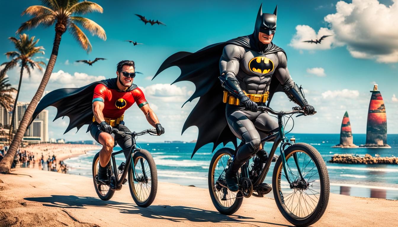 Batman and Robin on Vacation: Hyperrealistic Beach Scene