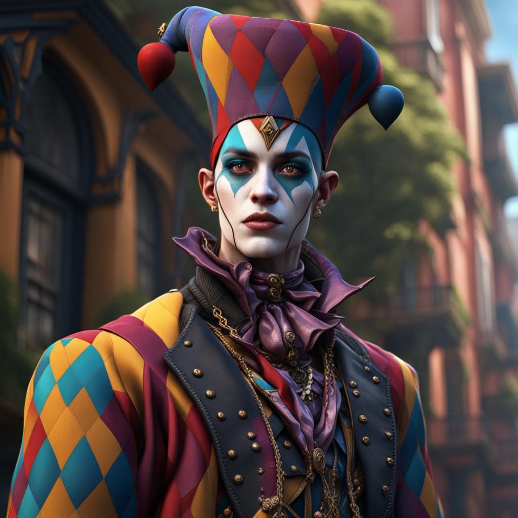 Harlequin Portrait in New Orleans, Detailed Matte Painting