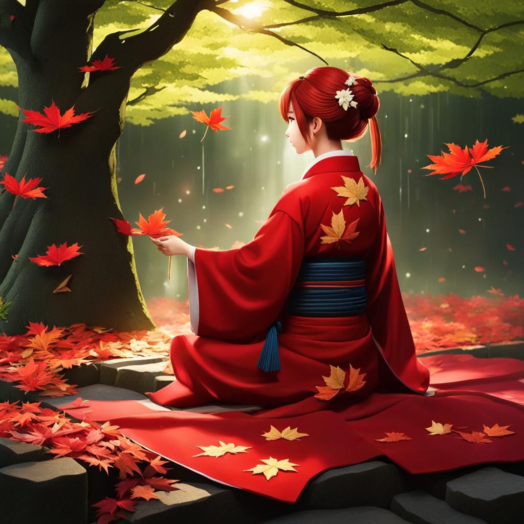 Japanese Woman in Kimono Under Maple Leaves, Anime Art