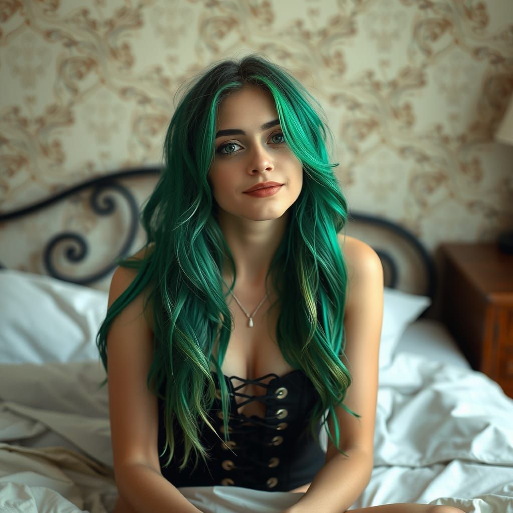 Woman in Black Laces, with Vibrant Green Hair
